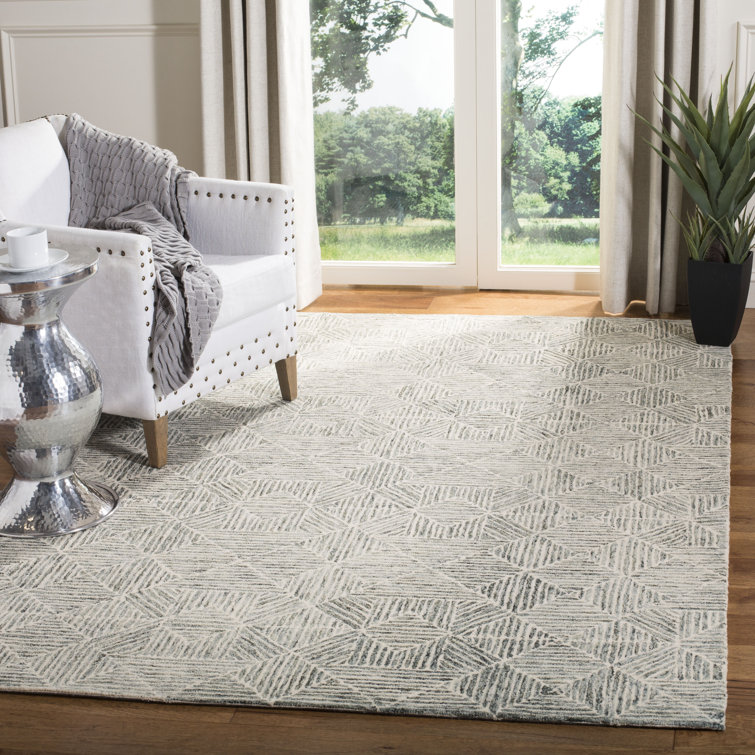 Handmade Green and Ivory Tufted Wool Rug, 27" x 18"
