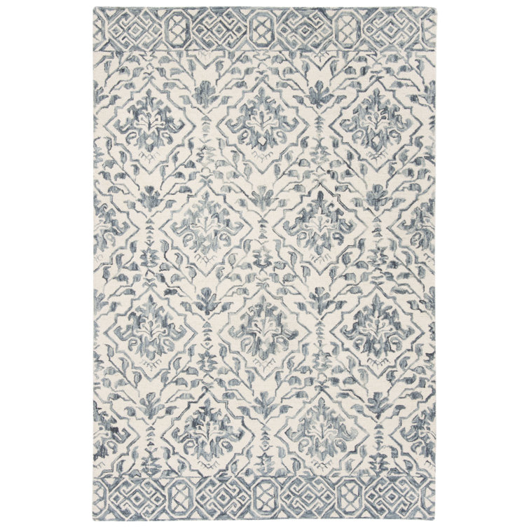 Ivory and Blue Hand-Tufted Wool Floral Rug