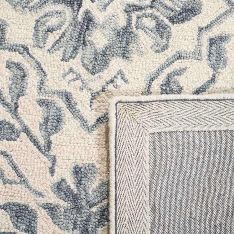 Ivory and Blue Hand-Tufted Wool Floral Rug