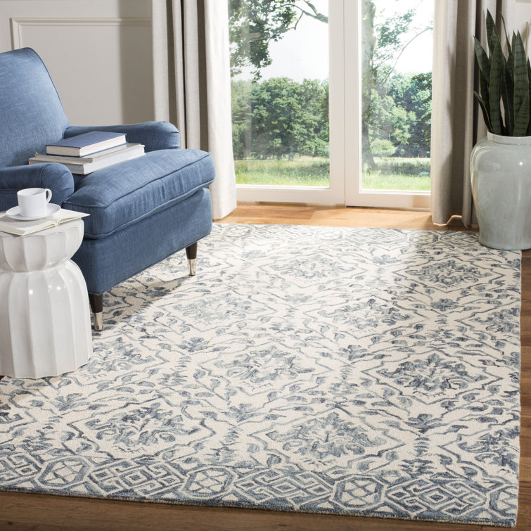 Ivory and Blue Hand-Tufted Wool Floral Rug