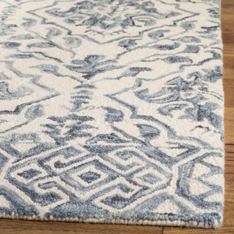 Ivory and Blue Hand-Tufted Wool Floral Rug