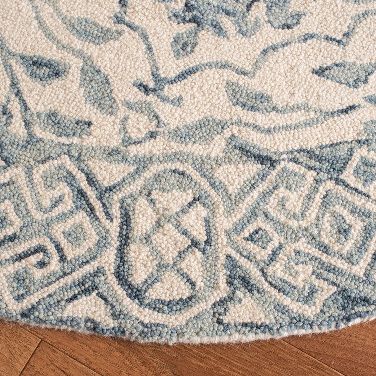 Ivory and Blue Hand-Tufted Wool Floral Rug