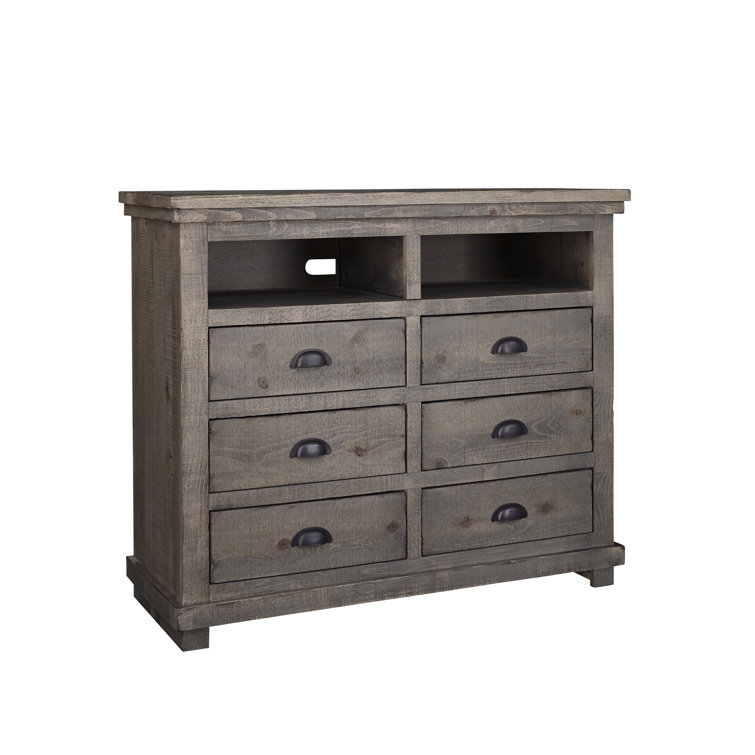 Transitional Gray Pine Media Chest with 6 Drawers