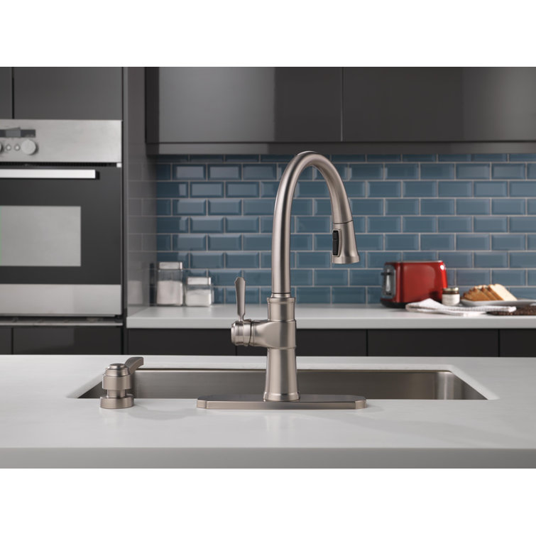 SpotShield Stainless Single Handle Pull Down Kitchen Faucet with Soap Dispenser