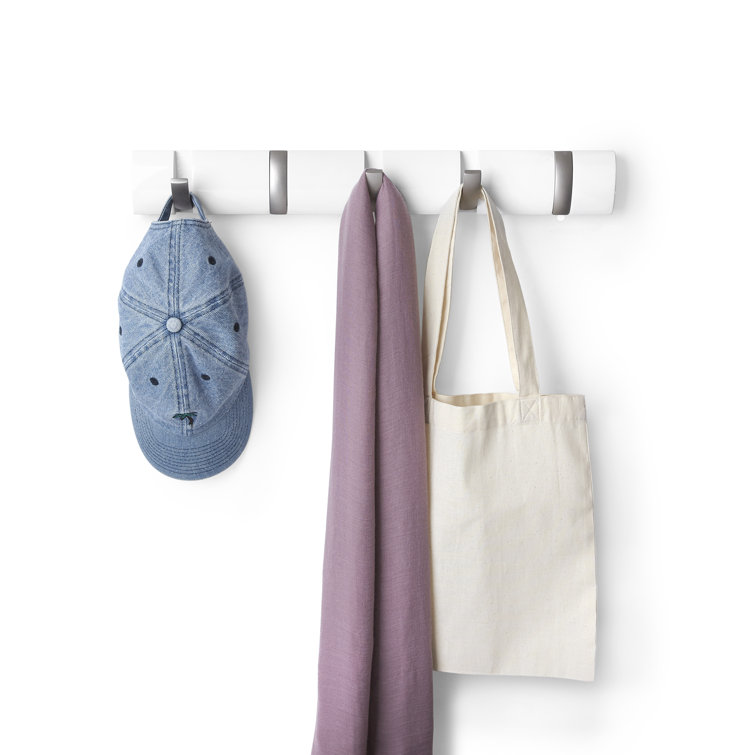 Sleek White 5-Hook Retractable Solid Wood Coat Rack