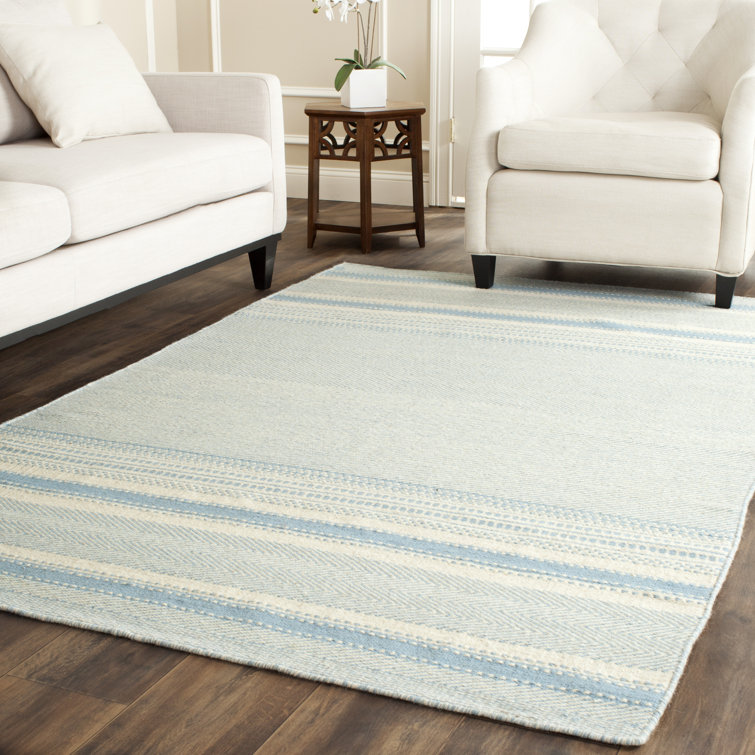 Light Blue and Ivory Handwoven Wool and Cotton 4' x 6' Area Rug