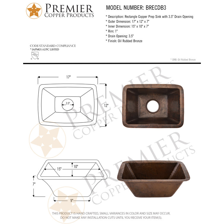 17" Rectangular Oil-Rubbed Bronze Copper Prep Sink