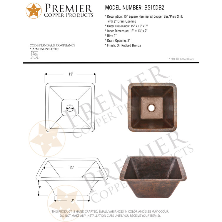 15" Square Hammered Copper Bar Sink in Oil Rubbed Bronze Finish