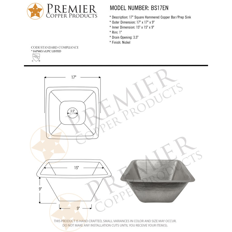 17" Hammered Nickel-Plated Copper Square Bar Sink