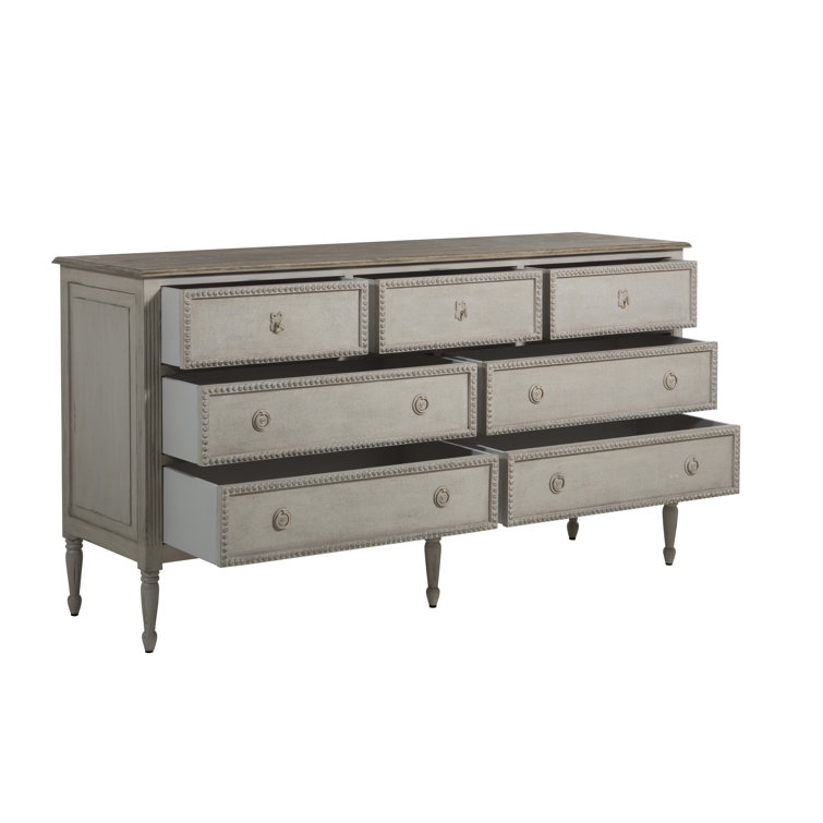 Caroline Coastal White and Brown 7-Drawer Dresser with Burlap Fronts