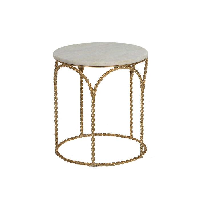 Basel Gilded Gold Round End Table with Feather Green Marble Top