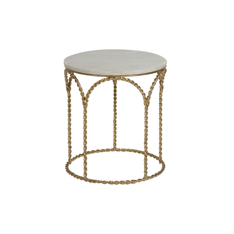 Basel Gilded Gold Round End Table with Feather Green Marble Top