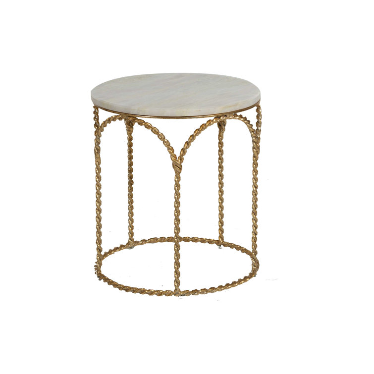 Basel Gilded Gold Round End Table with Feather Green Marble Top