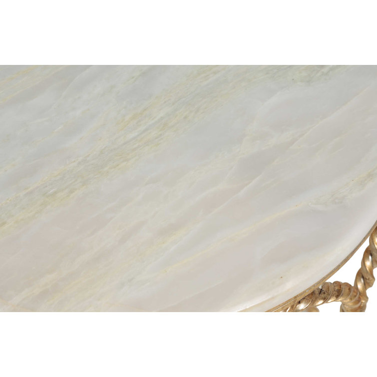 Basel Gilded Gold Round End Table with Feather Green Marble Top