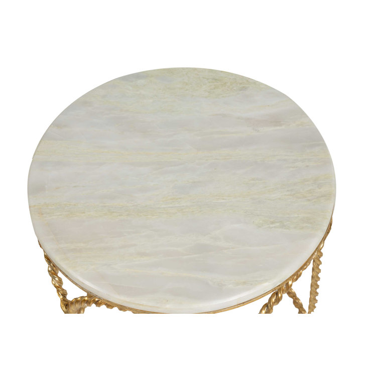 Basel Gilded Gold Round End Table with Feather Green Marble Top