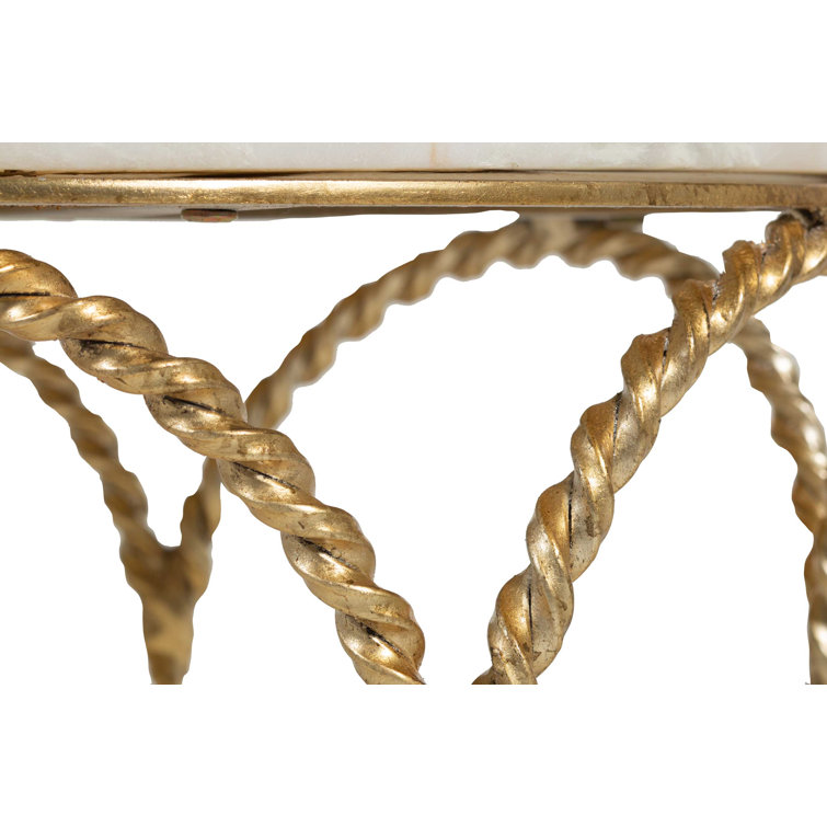 Basel Gilded Gold Round End Table with Feather Green Marble Top