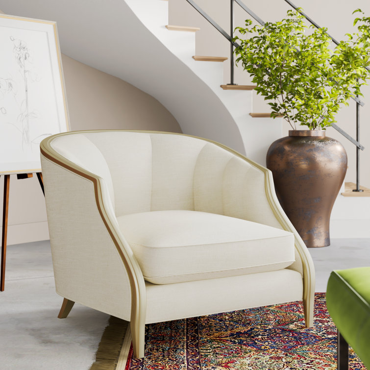 Transitional Cream Boucle Barrel Chair with Metallic Blush Accents