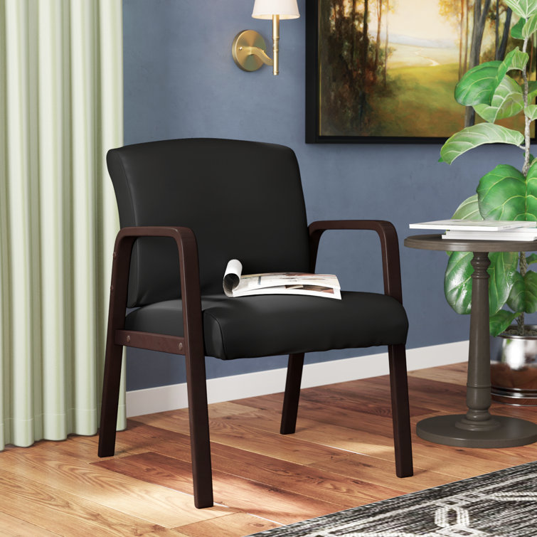 Espresso Black Leather Guest Chair with Wooden Frame