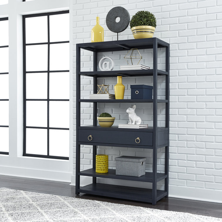 Gray Acacia Transitional Bookcase with Brass Hardware