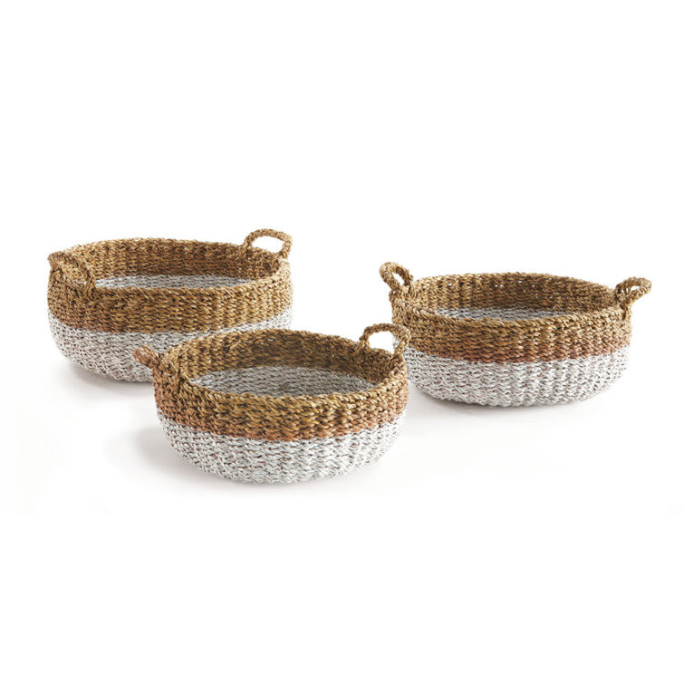 Natural and White Seagrass Shallow Storage Baskets with Handles, Set of 3