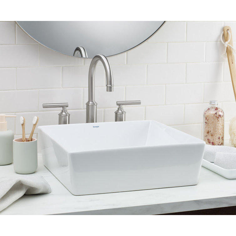 Glossy White Ceramic Square Vessel Bathroom Sink