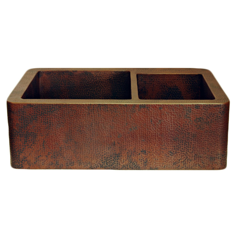 33'' Antique Copper Double Bowl Farmhouse Kitchen Sink