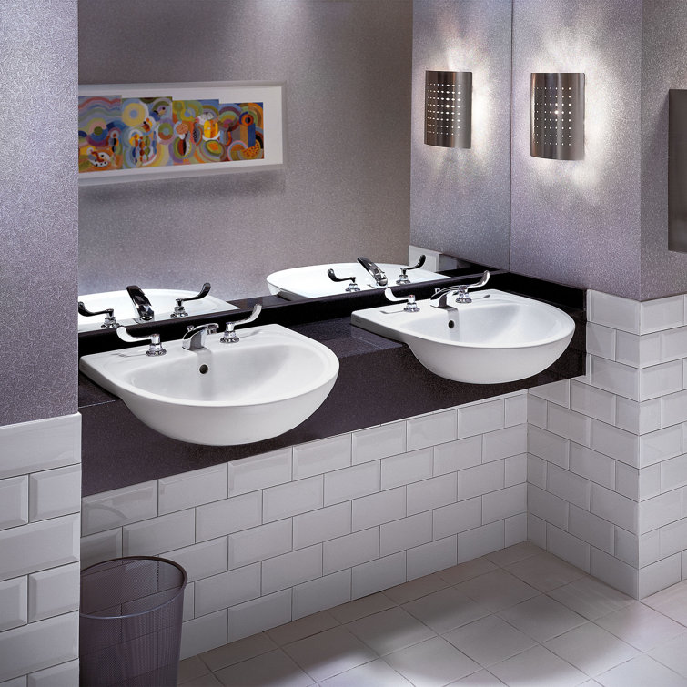 White Ceramic Semi-Countertop Bathroom Sink with Overflow