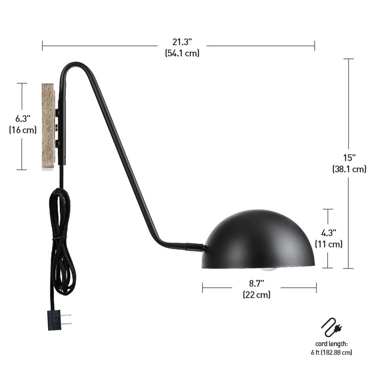 Mid-Century Matte Black Plug-In Wall Sconce with Antique Brass Accents