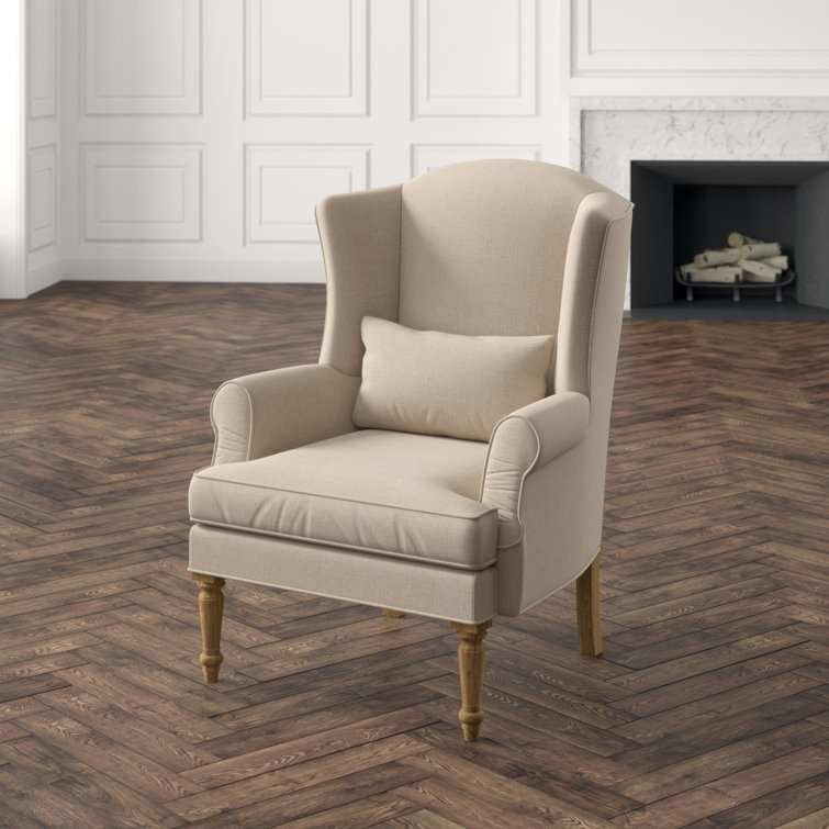 Natural Linen Upholstered Oak Wingback Accent Chair