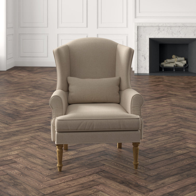 Natural Linen Upholstered Oak Wingback Accent Chair
