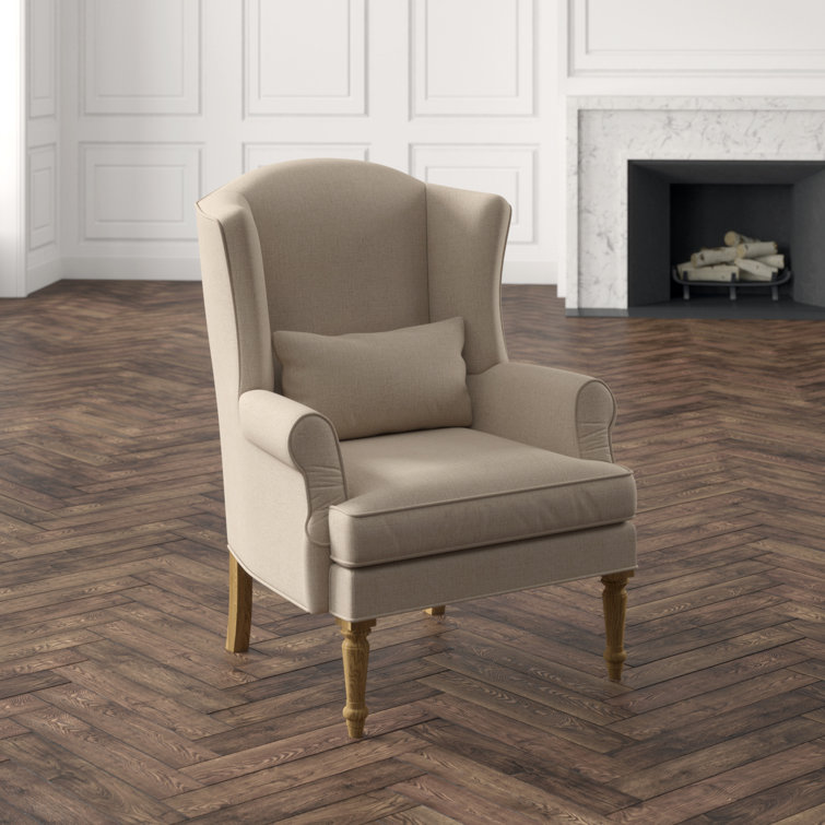 Natural Linen Upholstered Oak Wingback Accent Chair