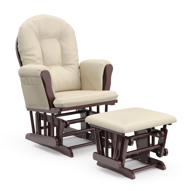 Espresso Wood Glider Chair and Ottoman with Beige Cushions
