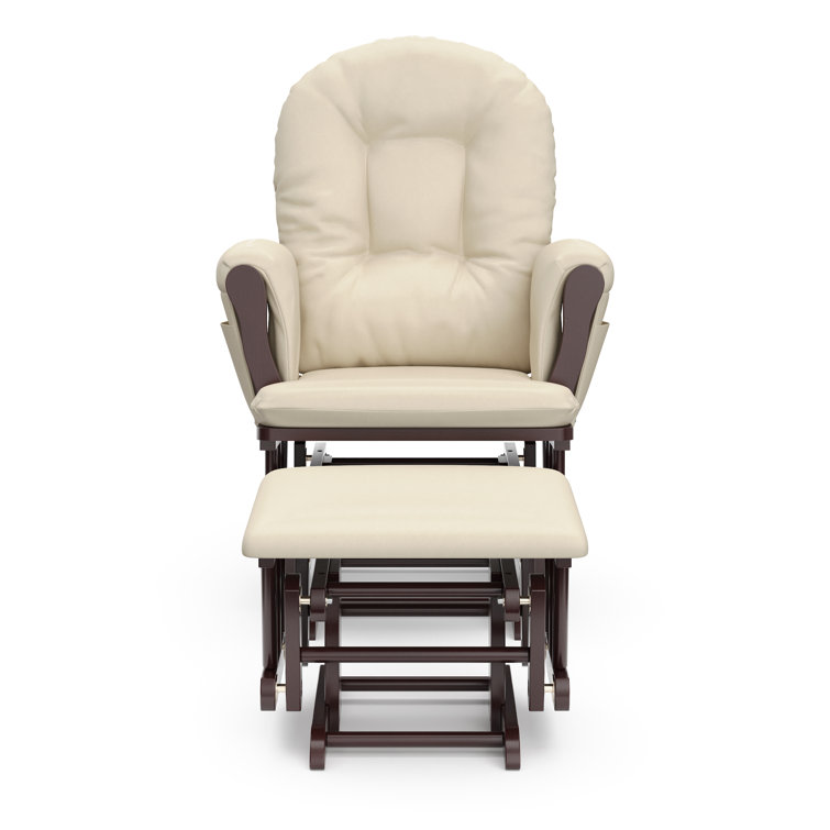 Espresso Wood Glider Chair and Ottoman with Beige Cushions