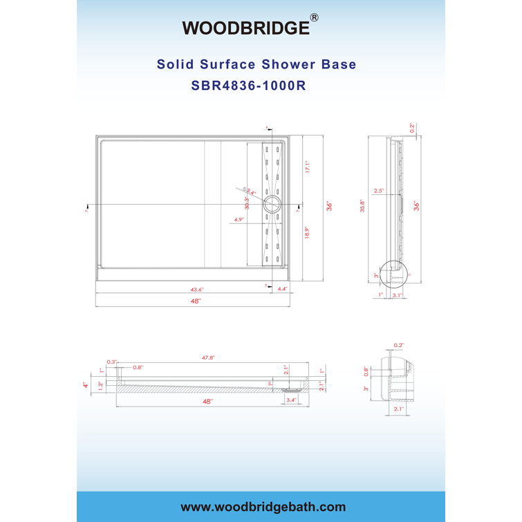 48" White Solid Surface Rectangular Shower Pan with Matte Black Drain Cover