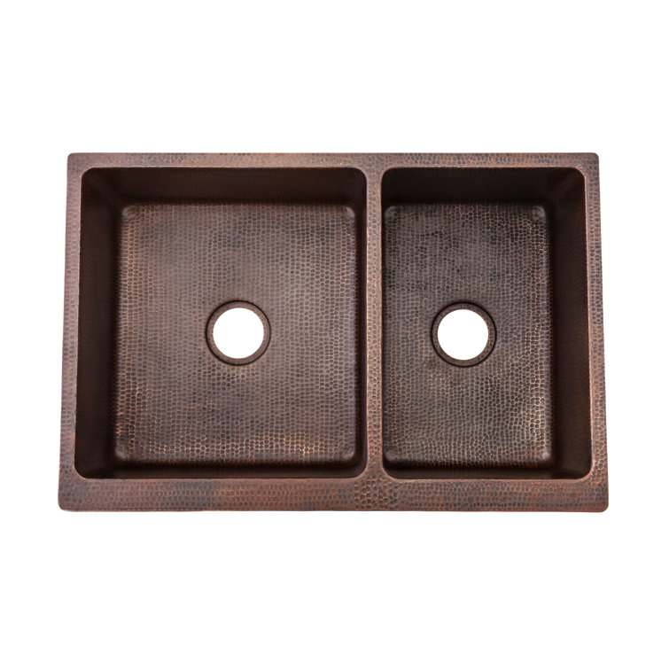 33" Hammered Copper Farmhouse Double Basin Kitchen Sink