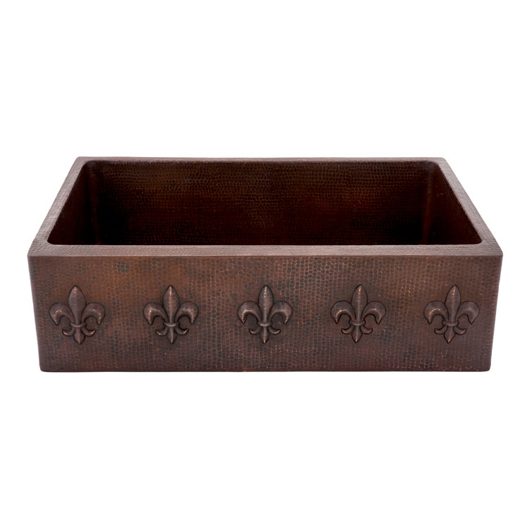 33" Hammered Copper Farmhouse Apron Sink with Fleur De Lis