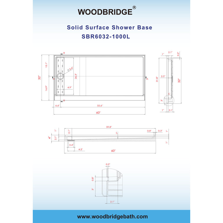 60" x 32" White Solid Surface Alcove Shower Pan Base with Left Drain