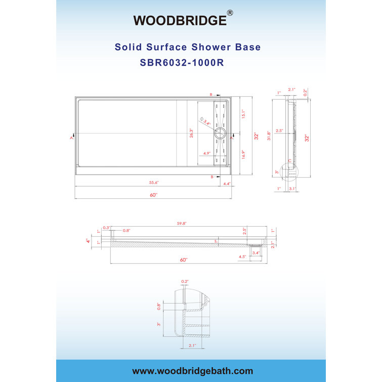 60" x 32" White Solid Surface Alcove Shower Pan Base with Left Drain