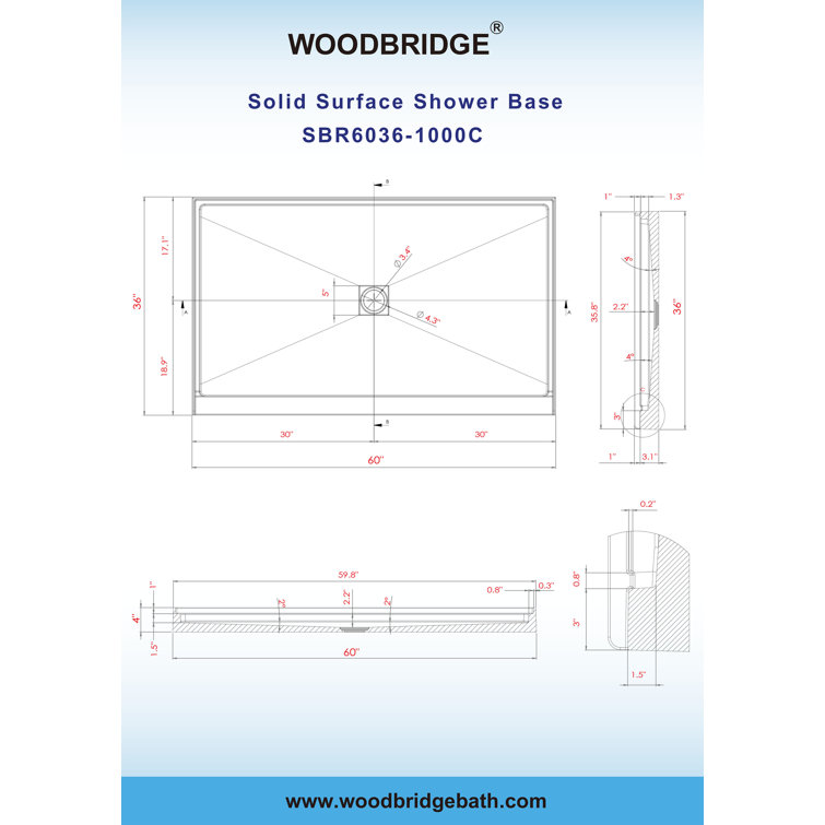 60" x 36" White Rectangular Shower Pan with Brushed Nickel Drain