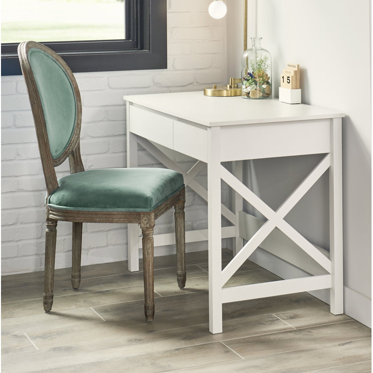 X-Frame Coastal White Composite Writing Desk with Drawers