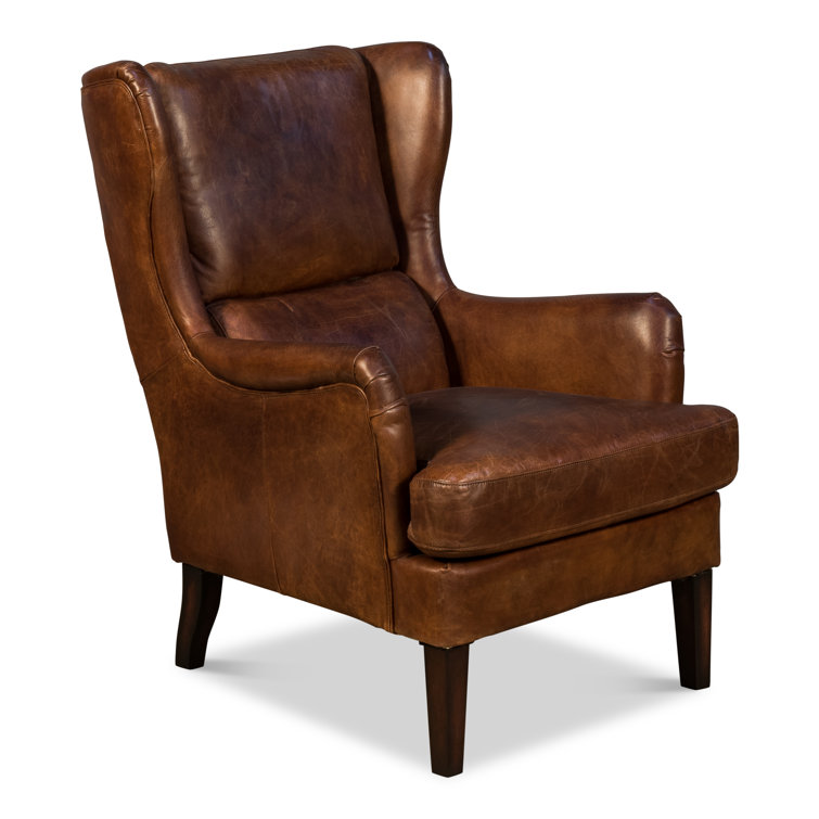 Elite Dark Brown Genuine Leather Wingback Chair with Wooden Legs
