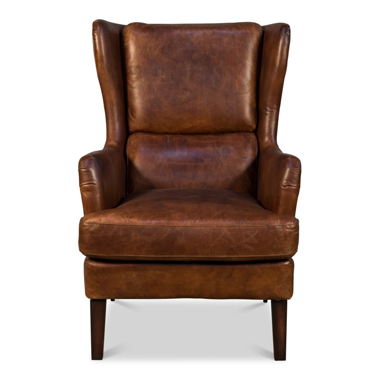 Elite Dark Brown Genuine Leather Wingback Chair with Wooden Legs