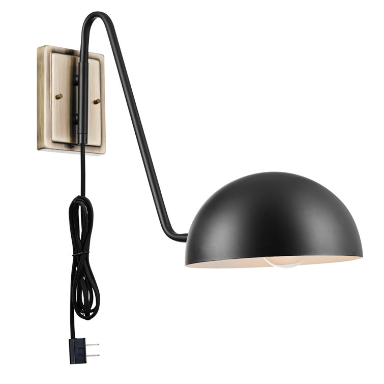Mid-Century Matte Black Plug-In Wall Sconce with Antique Brass Accents
