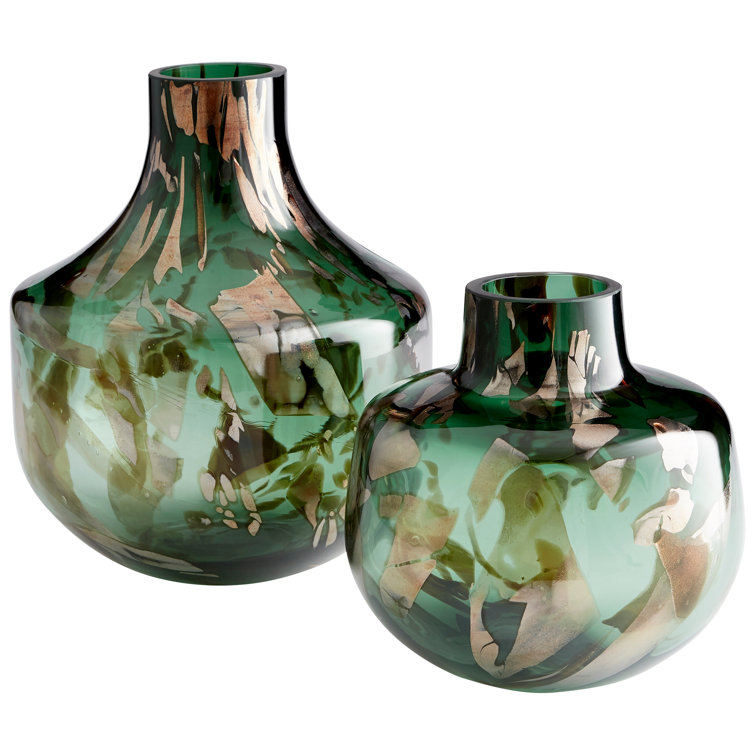 Green and Gold Glass Table Vase with Abstract Design