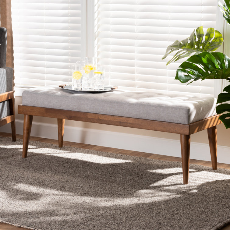 Grayish Beige Foam Upholstered Bench with Walnut Finish