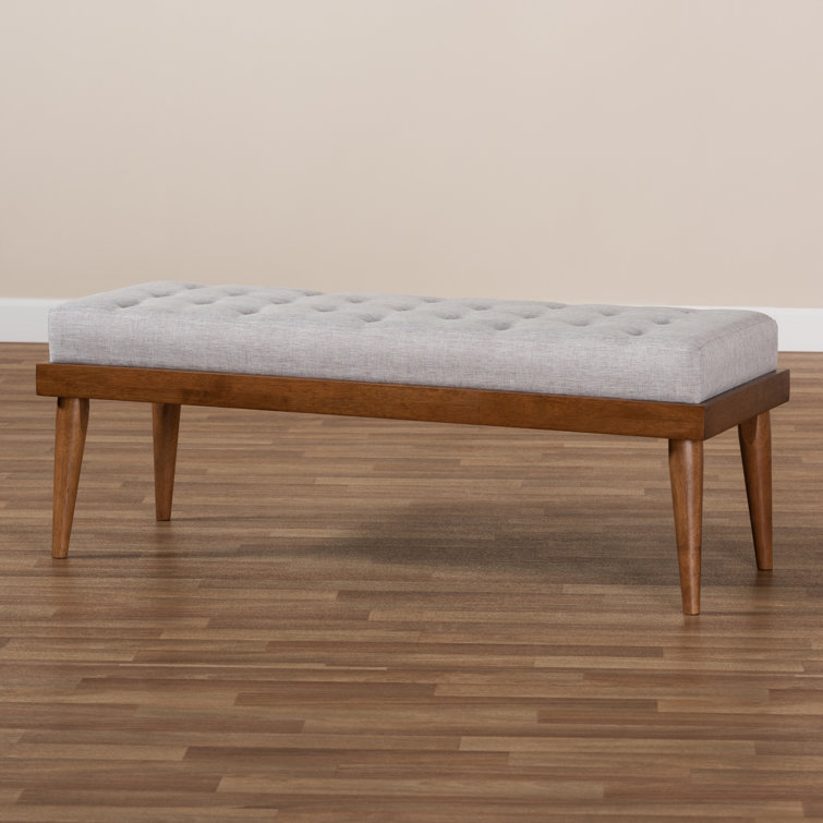 Grayish Beige Foam Upholstered Bench with Walnut Finish