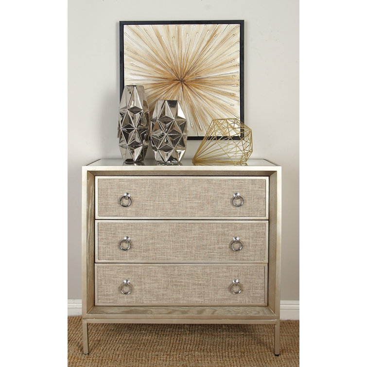 Beige Upholstered 3 Drawer Chest with Mirrored Top and Ring Handles