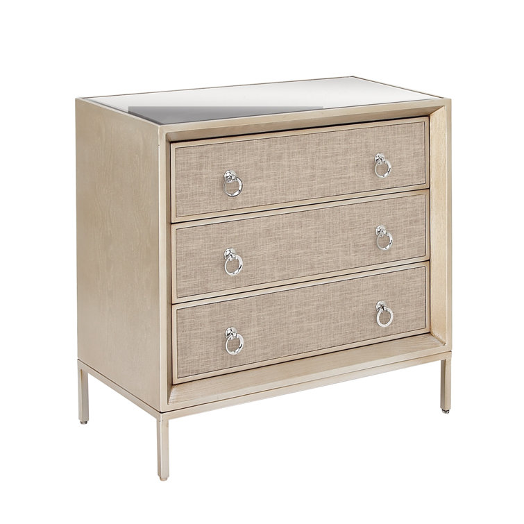 Beige Upholstered 3 Drawer Chest with Mirrored Top and Ring Handles