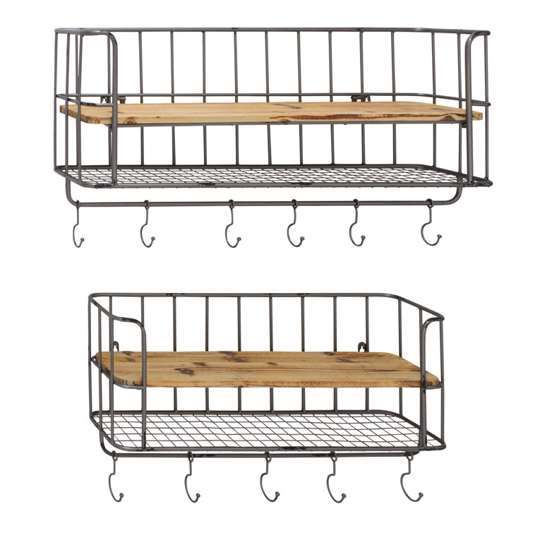 Gray Iron and Wood Wall Shelf with Hooks, Set of 2