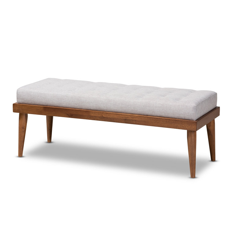 Grayish Beige Foam Upholstered Bench with Walnut Finish